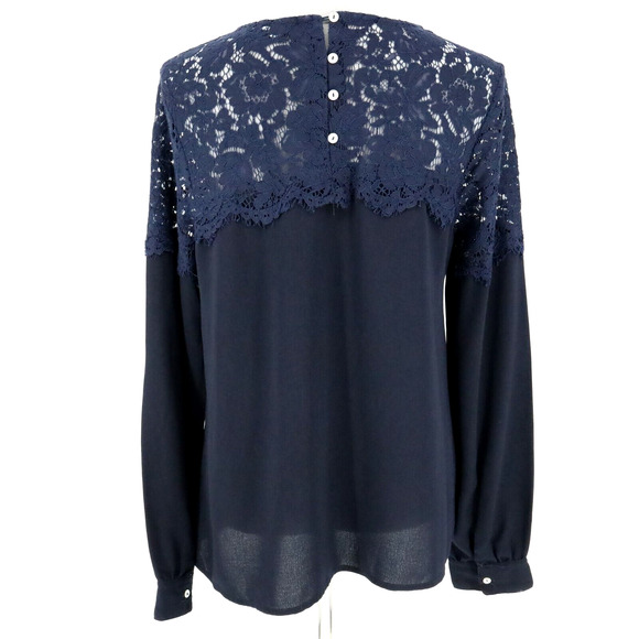Lulus Top Womens Medium Navy Blue Lace Yoke Crepe Blouse Pullover Romantic - Picture 2 of 15